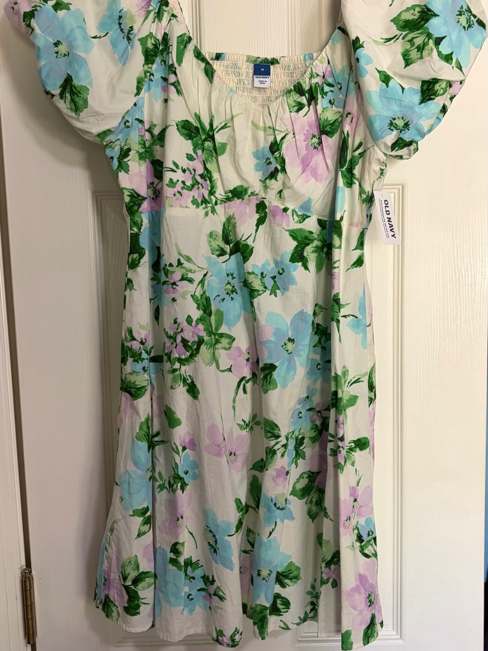 Old Navy White Floral Puff Sleeve Dress with Blue & Lilac Blooms